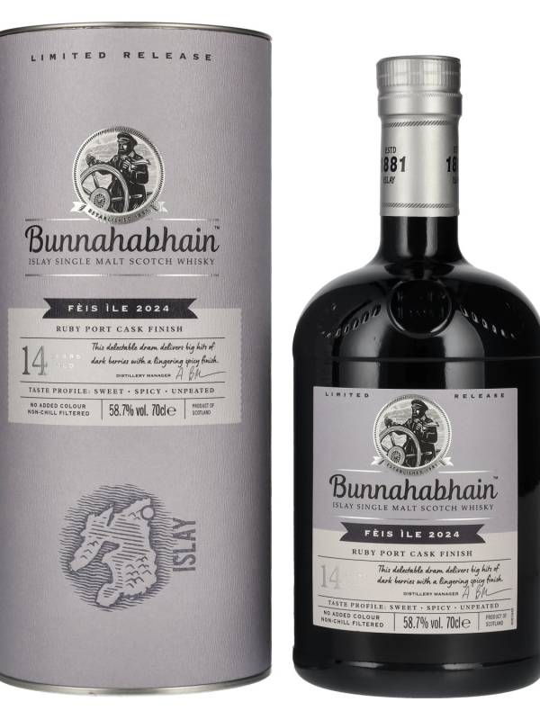 Bunnahabhain 14 YO RUBY PORT CASK Matured Limited Release Fèis Ìle 2024 58,7% Vol. 0,7l u poklon kutiji 2546