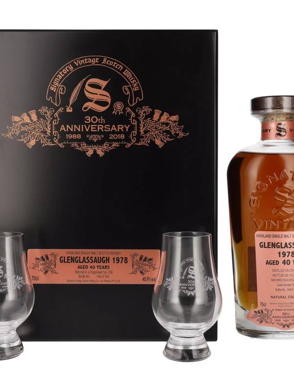 Signatory Vintage GLENGLASSAUGH 40 YO 40,9% Vol. 0,7l u drvenoj poklon kutiji s 2 čaše 2662